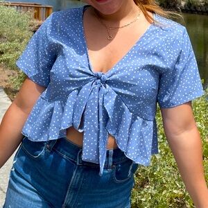 Blue + White Dot Top, Size L
